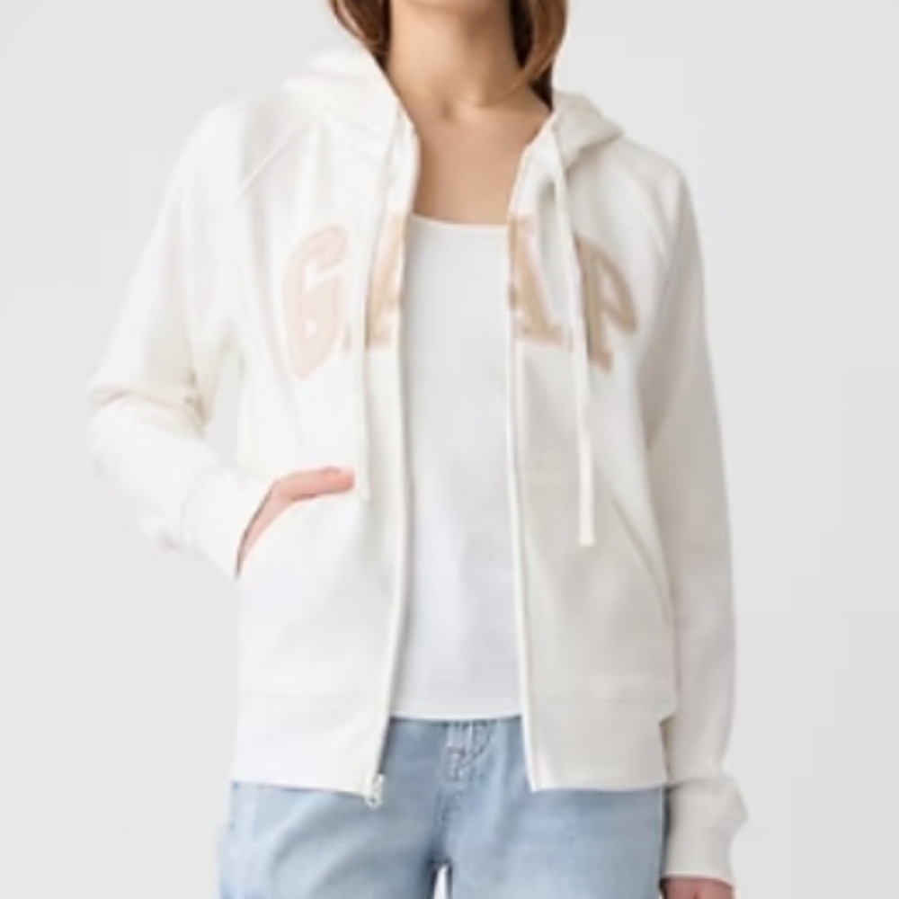 GAP Logo Hoodie Sweatshirt Full Zip Pockets White Tan Pink Brown XL
